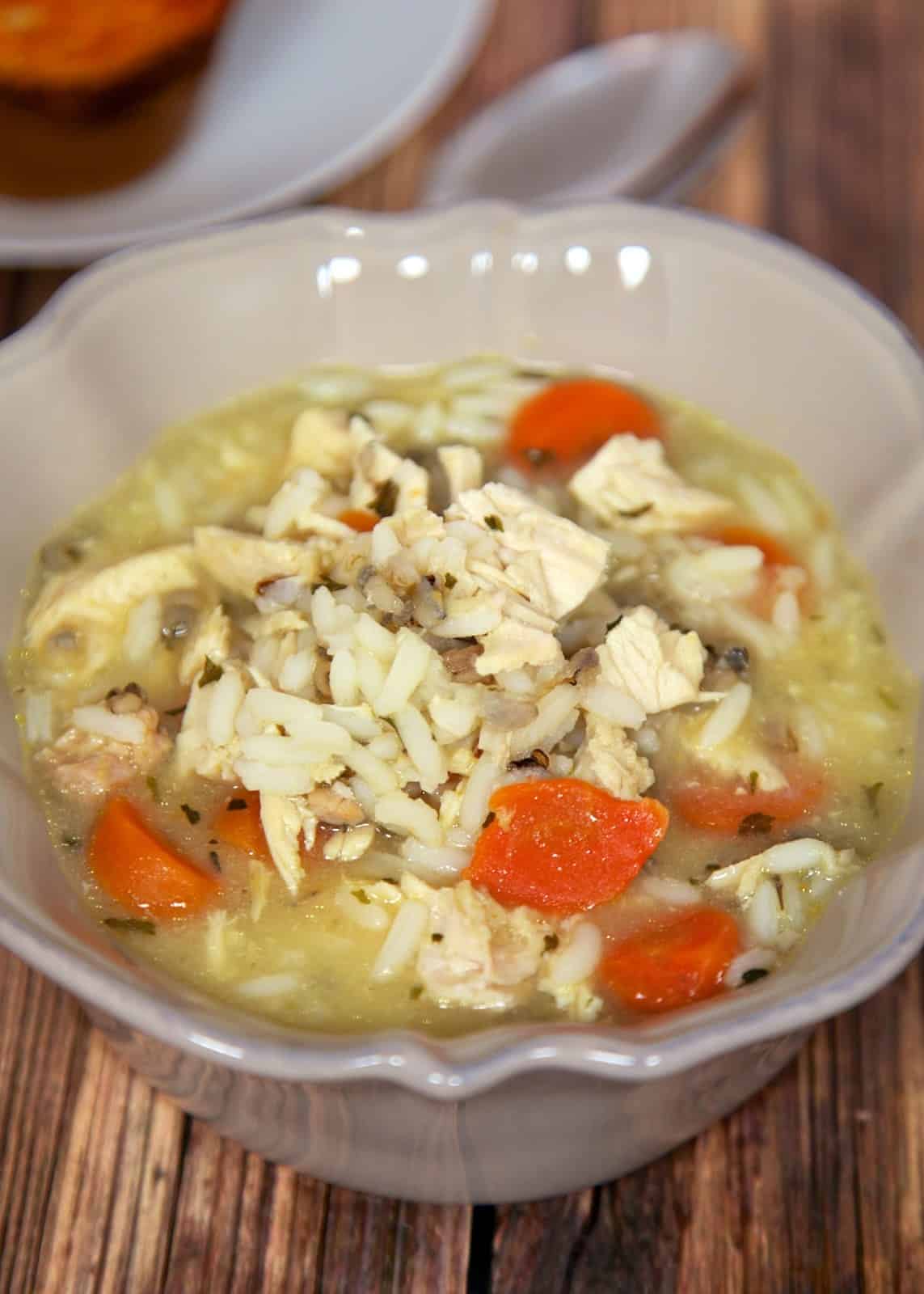 Slow Cooker Chicken and Wild Rice Soup - chicken, carrots, long grain and wild rice, and chicken broth - cooks all day in the slow cooker. Tastes great. Freezes well too!