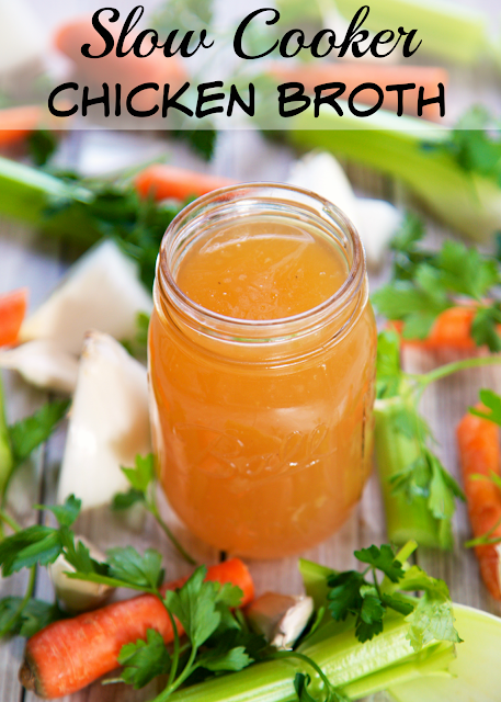 Slow Cooker Chicken Broth Recipe - don't throw away that rotisserie chicken after you eat it. Put it in the slow cooker with some veggies and water, 8 hours later you have the most flavorful chicken broth ever! You'll never use the boxed stuff again. Can freeze the broth to use later.