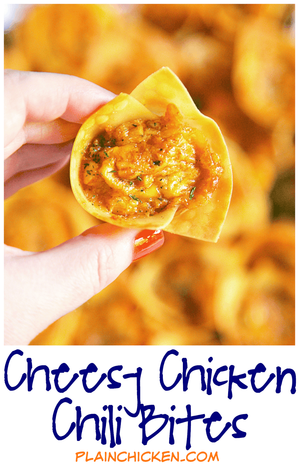 Cheesy Chicken Chili Bites - only 5 ingredients! Chicken, chili seasoning, ranch, cheese baked in wonton wrappers. I ate way too many of these!! SO good. Can make filling ahead of time and refrigerate. Great for parties and tailgates. Tastes great warm or at room temperature.