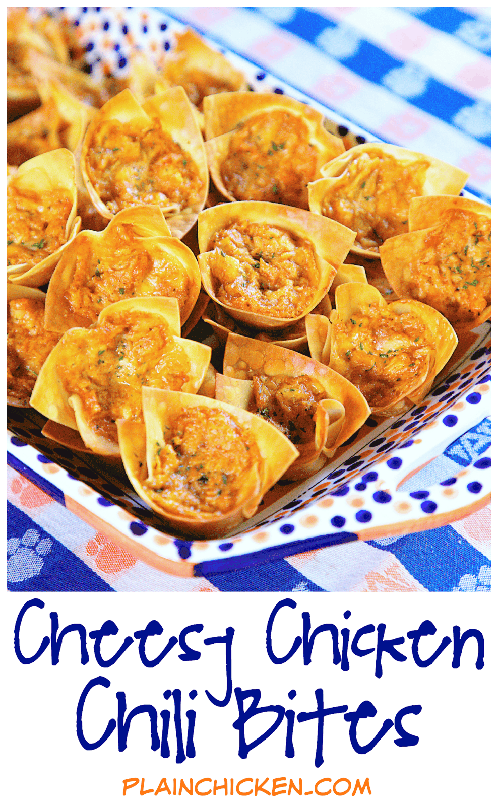 Cheesy Chicken Chili Bites - only 5 ingredients! Chicken, chili seasoning, ranch, cheese baked in wonton wrappers. I ate way too many of these!! SO good. Can make filling ahead of time and refrigerate. Great for parties and tailgates. Tastes great warm or at room temperature.