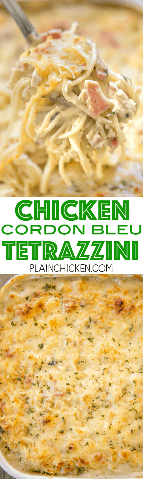 Chicken Cordon Bleu Tetrazzini - we are obsessed with this yummy casserole!! Chicken, ham, swiss cheese, mushroom soup, Alfredo sauce, chicken broth, pasta and parmesan. So quick and easy to make. Can make ahead of time and freeze for later. We make this at least once a month. It always receives rave reviews!!! We love this easy casserole recipe.
