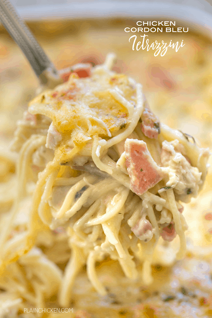 Chicken Cordon Bleu Tetrazzini - we are obsessed with this yummy casserole!! Chicken, ham, swiss cheese, mushroom soup, Alfredo sauce, chicken broth, pasta and parmesan. So quick and easy to make. Can make ahead of time and freeze for later. We make this at least once a month. It always receives rave reviews!!! We love this easy casserole recipe.