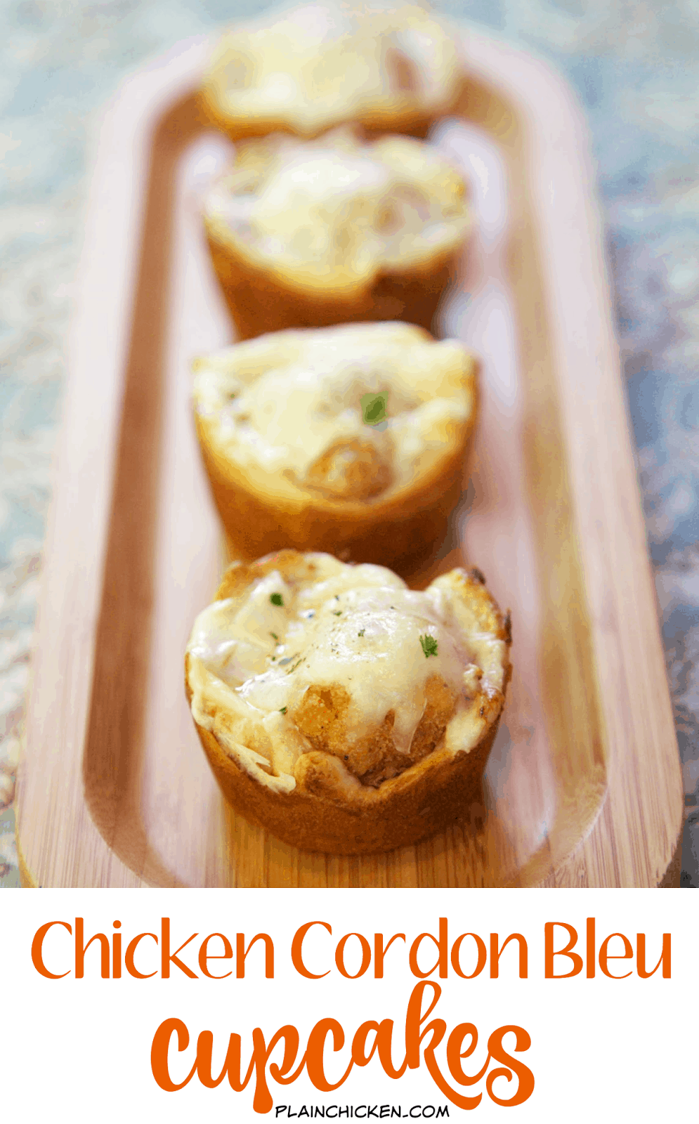 Chicken Cordon Bleu Cupcakes - frozen popcorn chicken, ham, alfredo sauce, swiss cheese baked in crescent cups! Only 5 ingredients and ready in under 20 minutes! These are great for a quick lunch, dinner or even a party! We love these!! Kids (and adults) gobble these up!
