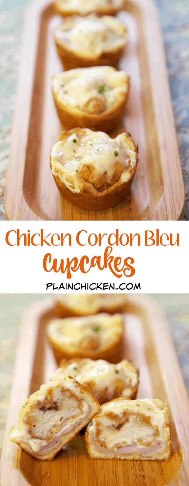 Chicken Cordon Bleu Cupcakes - frozen popcorn chicken, ham, alfredo sauce, swiss cheese baked in crescent cups! Only 5 ingredients and ready in under 20 minutes! These are great for a quick lunch, dinner or even a party! We love these!! Kids (and adults) gobble these up!