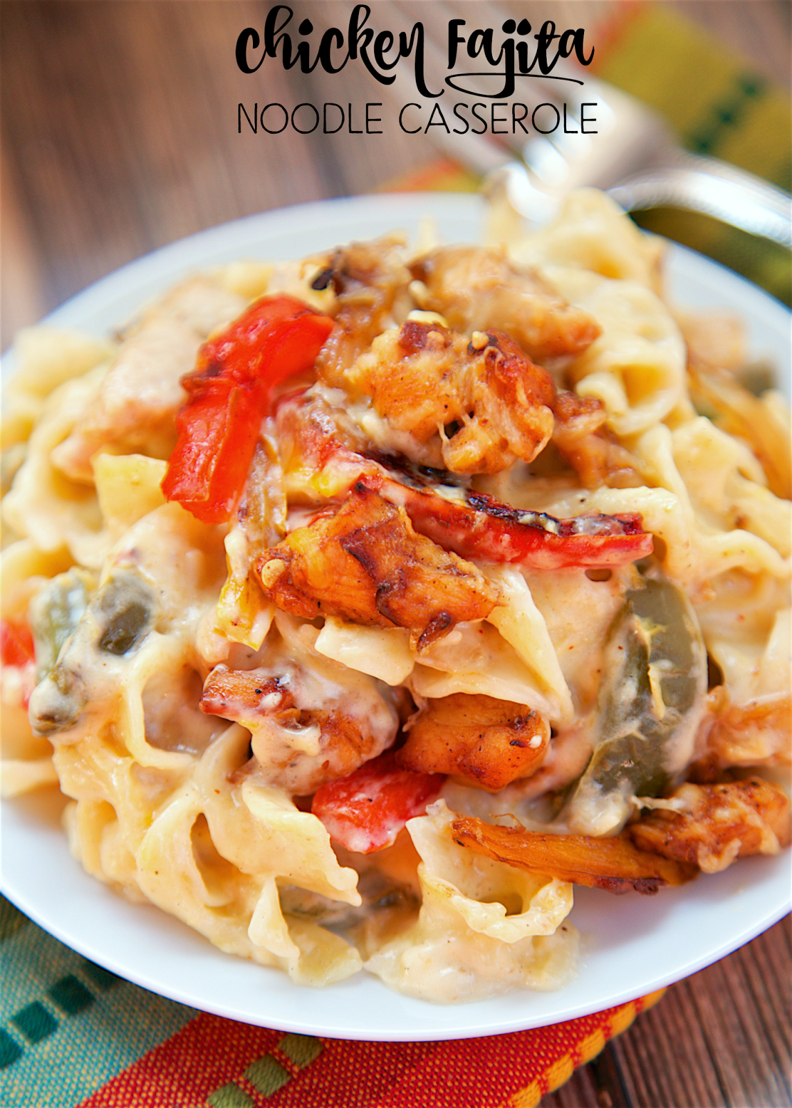 Chicken Fajita Noodle Casserole - chicken, fajita seasoning, bell peppers, onions, noodles, sour cream, cream of chicken soup and cheese. Seriously delicious! Can make ahead of time and refrigerate or freeze for later. Makes a lot - can split between 2 pans and freeze one for later. Everyone loves this casserole!