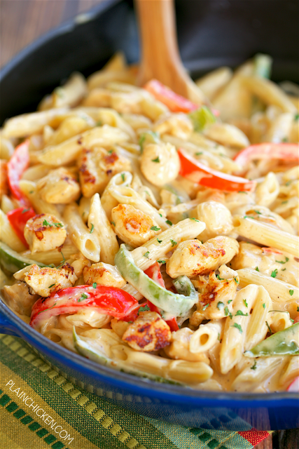 Chicken Fajita Alfredo - ready in 15 minutes! All the flavors of fajitas tossed with pasta and an easy homemade Alfredo sauce. Chicken onion, bell pepper, fajita seasoning, heavy cream, pasta and parmesan cheese. Everyone loved this! It has already been requested for dinner again! No prep and ready in 15 minutes. GREAT weeknight meal!