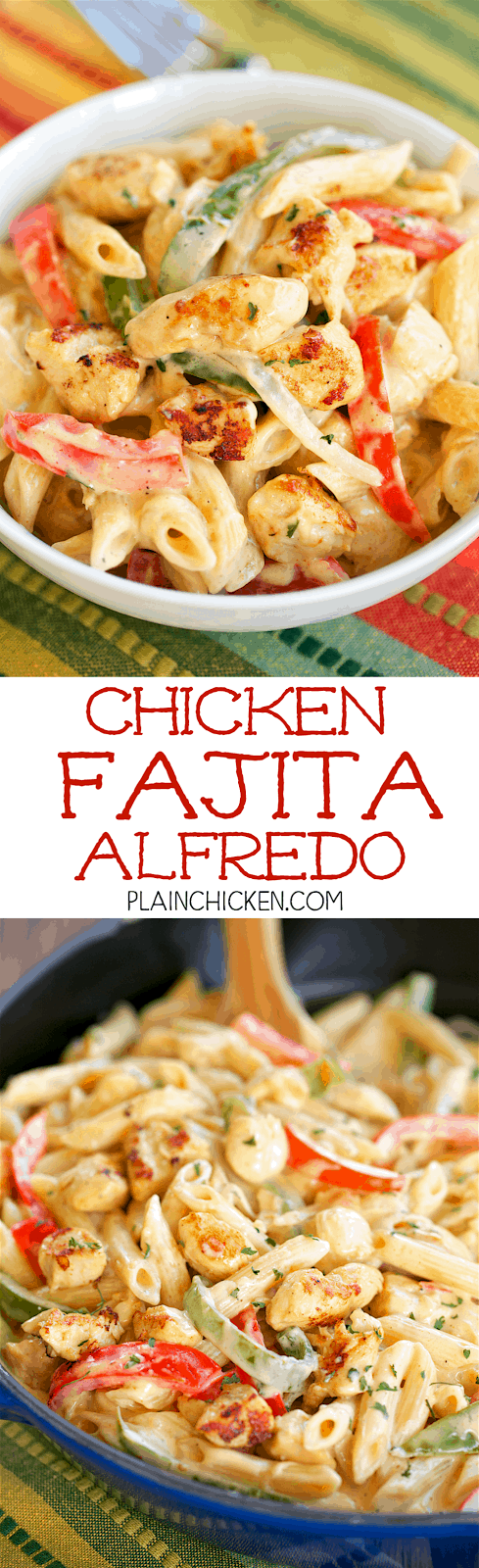 Chicken Fajita Alfredo - ready in 15 minutes! All the flavors of fajitas tossed with pasta and an easy homemade Alfredo sauce. Chicken onion, bell pepper, fajita seasoning, heavy cream, pasta and parmesan cheese. Everyone loved this! It has already been requested for dinner again! No prep and ready in 15 minutes. GREAT weeknight meal!