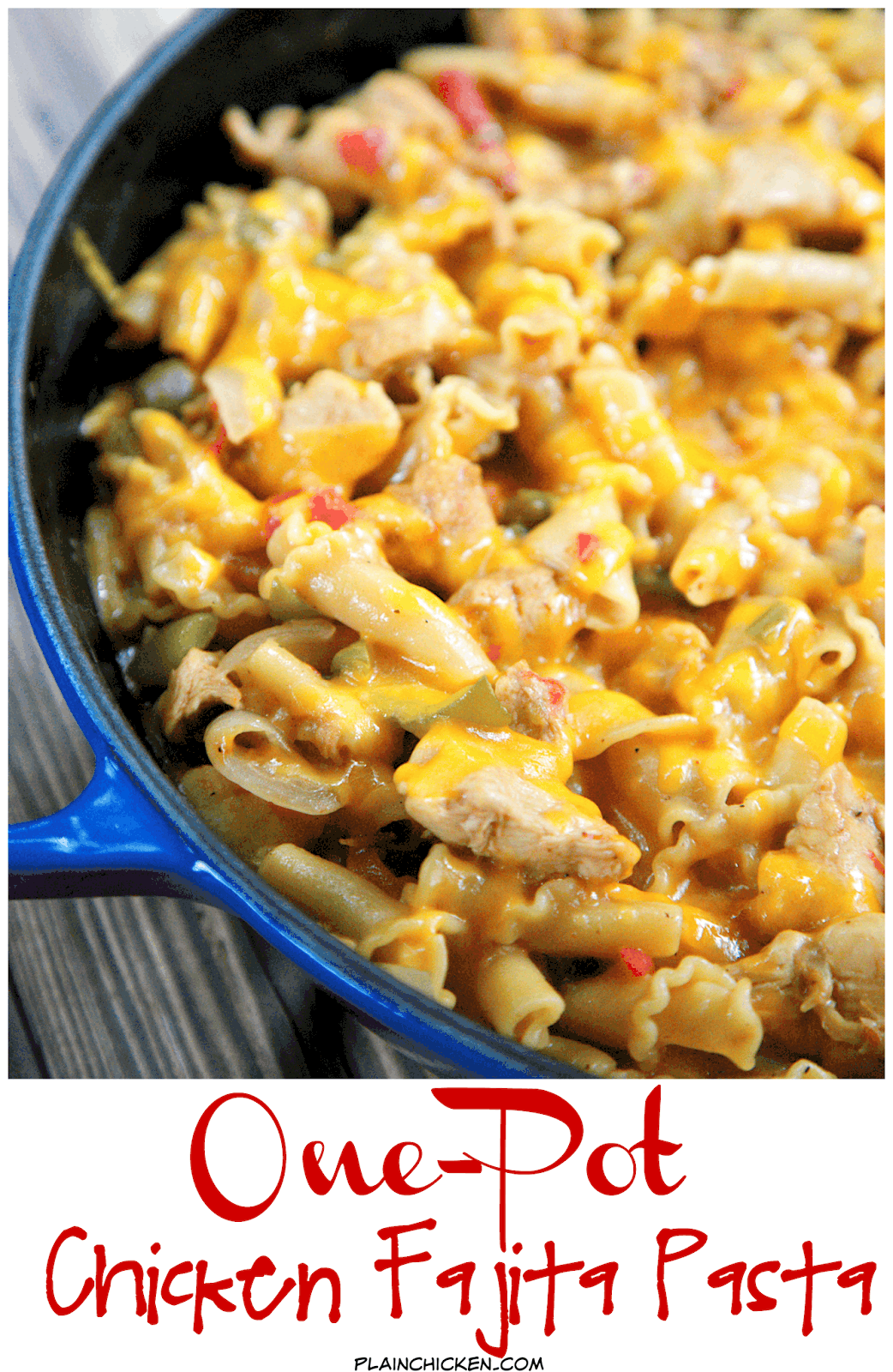 One-Pot Chicken Fajita Pasta Recipe - everything cooks in the same pan, even the pasta! Ready in under 20 minutes!! Chicken, onions, peppers, Rotel, fajita seasoning, chicken broth, cream, pasta, sour cream and cheese. Everyone gobbled this up! Quick, easy and delicious Mexican meal!