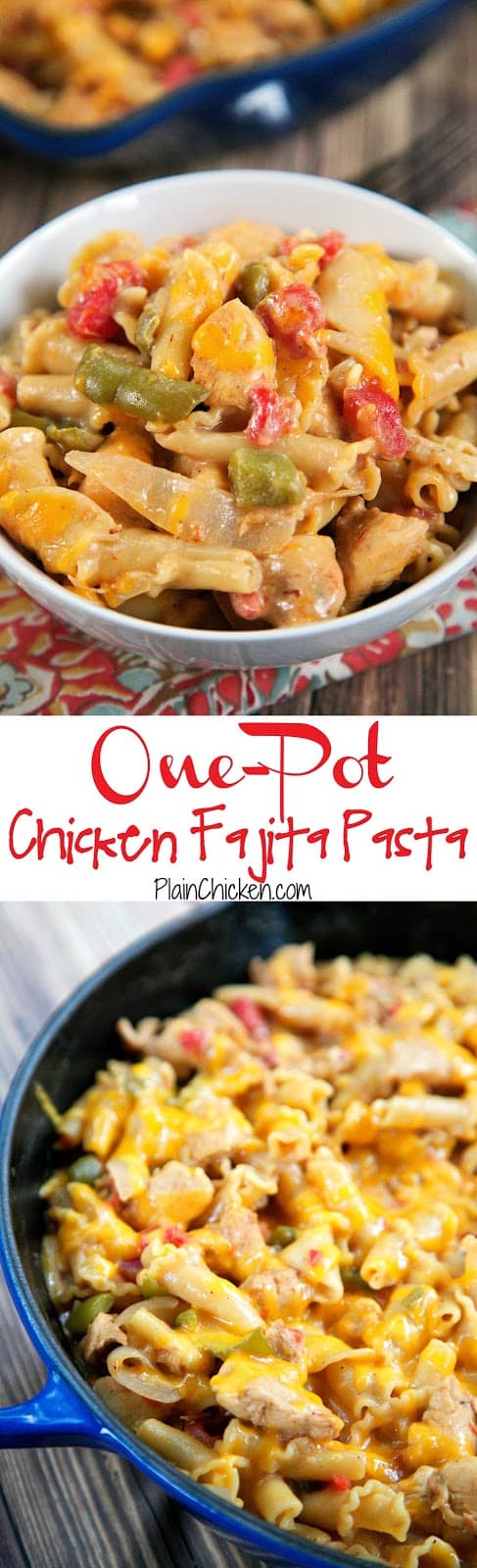 One-Pot Chicken Fajita Pasta Recipe - everything cooks in the same pan, even the pasta! Ready in under 20 minutes!! Chicken, onions, peppers, Rotel, fajita seasoning, chicken broth, cream, pasta, sour cream and cheese. Everyone gobbled this up! Quick, easy and delicious Mexican meal!