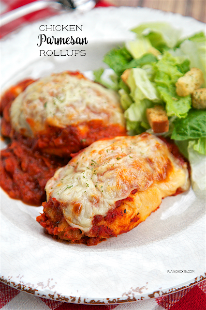 Chicken Parmesan Rollups - only 4 ingredients!! SO simple and everyone LOVED this Italian casserole. Frozen chicken strips, mozzarella cheese, crescent rolls and marinara sauce. Use Tyson Italian Style Lightly Breaded Chicken Breast Strips for extra flavor in the rollups. Only took about 5 minutes to make and it was on the table in under 30 minutes. Love!!
