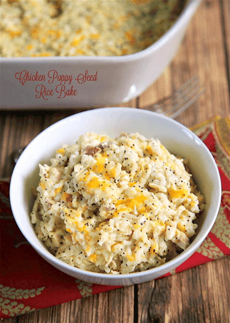 Chicken Poppy Seed Rice Bake - chicken, cheddar, sour cream, chicken soup, poppy seeds and rice - quick and easy weeknight casserole! Use rotisserie chicken and this comes together in 5 minutes! SO good! On the table in under 30 minutes! We make this at least once a week!!