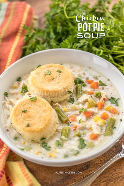 Chicken Pot Pie Soup - comfort in a bowl! Quick homemade soup with biscuits baked on top. Chicken, chicken broth, mixed vegetables, seasonings, and refrigerated biscuits. Ready in 30 minutes! Everyone LOVED this soup!!! So easy!! #soup #chicken #onepotmeal #comfortfood
