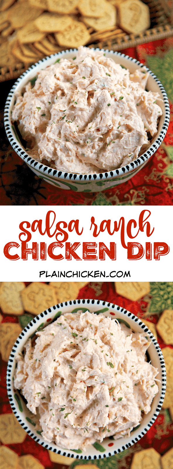 Salsa Ranch Chicken Dip - only 4 ingredients! You probably have everything in your pantry right now to whip up the delicious dip! Literally takes one minute to make. We serve it with wheat thins and veggies. Great for parties!