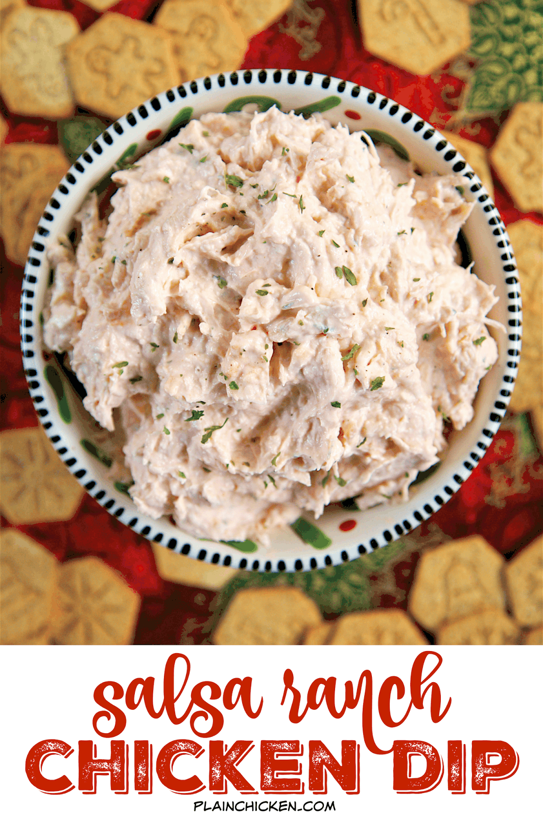 Salsa Ranch Chicken Dip - only 4 ingredients! You probably have everything in your pantry right now to whip up the delicious dip! Literally takes one minute to make. We serve it with wheat thins and veggies. Great for parties!