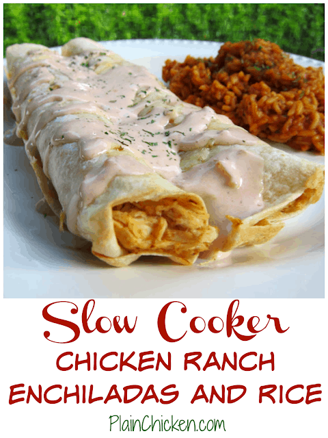 Chicken Ranch Enchiladas and Rice {Slow Cooker} Recipe - chicken slow cooked in taco seasoning, ranch mix, chicken broth. Top tortillas with cooked chicken, cheese, salsa and Ranch and bake for 20 minutes. Use leftover juices in crockpot to make super flavorful rice to go with the enchiladas! SO good. Better than the Mexican restaurant!