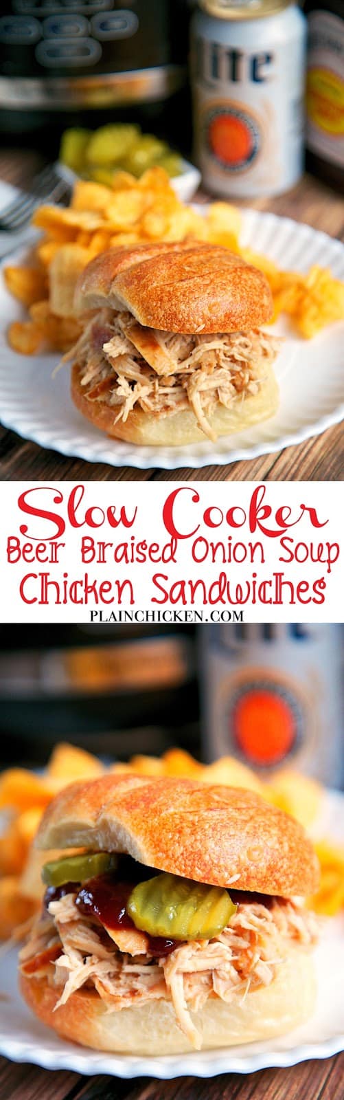 {Slow Cooker} Beer Braised Onion Soup Chicken Sandwiches - only 4 ingredients! Fix it and forget it! Great for a weeknight meal or even tailgating!