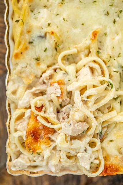 Chicken Tetrazzini - super delicious make ahead casserole! Makes a great freezer meal!! Chicken,linguine, cream of chicken soup, cream of mushroom soup, sour cream, butter, chicken broth, salt, pepper, garlic, parmesan cheese, mozzarella cheese. SO creamy and delicious. Made this for dinner and everyone cleaned their plate! Even our picky eaters. This is definitely going in the dinner rotation! #chicken #casserole #freezermeal #chickendinner