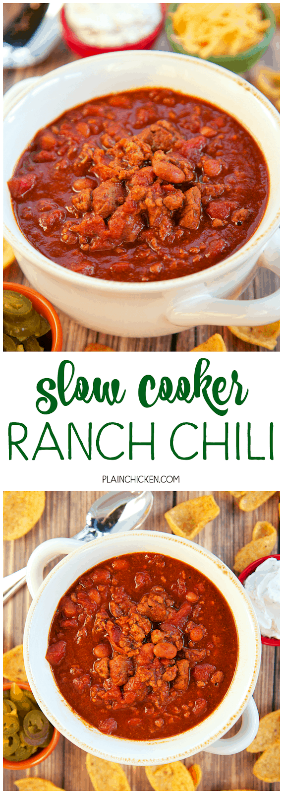 Slow Cooker Ranch Chili - THE ULTIMATE chili recipe!! Ground beef, stew meat, diced tomatoes, Rotel tomatoes, chili beans, beef broth, tomato paste, chili powder, cumin, garlic and Ranch dressing mix. This has all the best from all of my chili recipes. It is the BEST chili recipe! Great for a crowd! Serve with some cornbread for a quick and easy meal!
