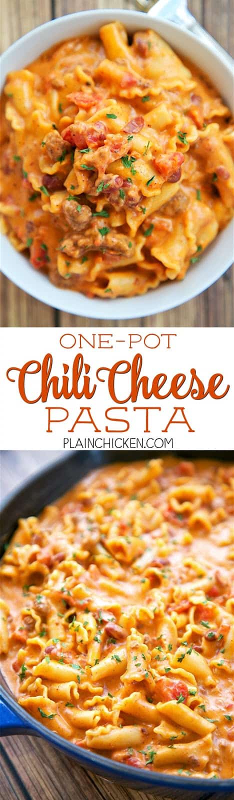 One Pot Chili Cheese Pasta - everything cooks in the same skillet, even the pasta!! Canned chili, cream cheese, diced tomatoes, chicken broth, pasta, garlic, chili powder and cheddar cheese. Everyone cleaned their plate! So quick and easy to make. Ready in under 20 minutes!