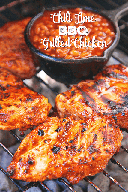 Chili Lime BBQ Grilled Chicken - only 5 ingredients in the marinade - olive oil, BBQ sauce, chili powder, lime juice and salt. Let the chicken marinate in the fridge for a few hours up to overnight. Throw some Bush's Grillin' Beans on the grill with the chicken and dinner is ready in about 15 minutes! SO good! Everyone cleaned their plates!! Making this again this weekend.