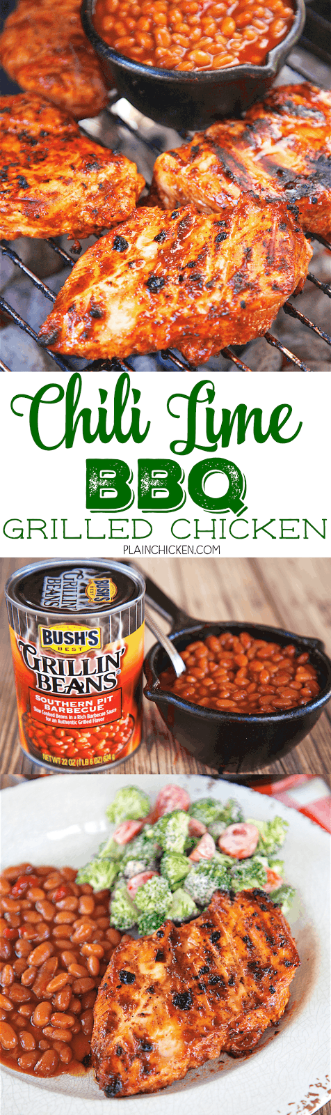 Chili Lime BBQ Grilled Chicken - only 5 ingredients in the marinade - olive oil, BBQ sauce, chili powder, lime juice and salt. Let the chicken marinate in the fridge for a few hours up to overnight. Throw some Bush's Grillin' Beans on the grill with the chicken and dinner is ready in about 15 minutes! SO good! Everyone cleaned their plates!! Making this again this weekend.
