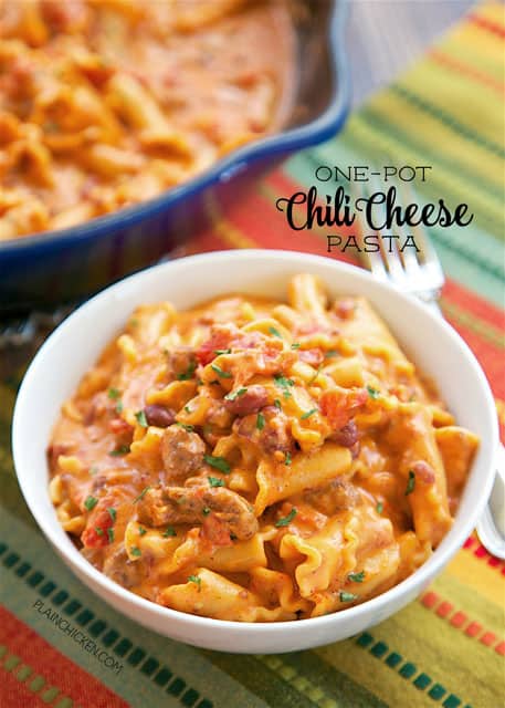 One Pot Chili Cheese Pasta - everything cooks in the same skillet, even the pasta!! Canned chili, cream cheese, diced tomatoes, chicken broth, pasta, garlic, chili powder and cheddar cheese. Everyone cleaned their plate! So quick and easy to make. Ready in under 20 minutes!