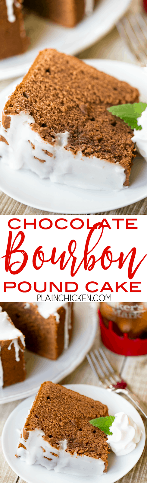 Chocolate Bourbon Pound Cake - crazy good! Easy home made chocolate pound cake spiked with bourbon. Flour, cocoa powder, chocolate pudding mix, baking soda, butter, sugar, eggs, sour cream and bourbon. Can make ahead of time and freeze for later. Perfect for potlucks, cookouts and watching the Kentucky Derby! Everyone loves this easy pound cake dessert recipe!