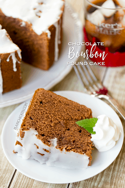 Chocolate Bourbon Pound Cake - crazy good! Easy home made chocolate pound cake spiked with bourbon. Flour, cocoa powder, chocolate pudding mix, baking soda, butter, sugar, eggs, sour cream and bourbon. Can make ahead of time and freeze for later. Perfect for potlucks, cookouts and watching the Kentucky Derby! Everyone loves this easy pound cake dessert recipe!