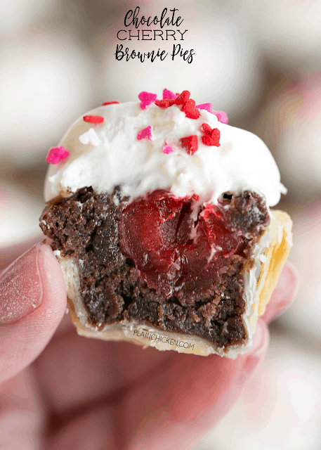 Chocolate Cherry Brownie Pies - mini pies filled with brownie batter and cherries topped with a homemade cream cheese white chocolate frosting. OMG! SO good! Great for parties! Can make ahead of time and refrigerate a few days. Refrigerated pie crust, brownie mix, Maraschino cherries, cream cheese, white chocolate and cool whip. Our FAVORITE!