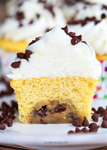 Chocolate Chip Cookie Dough Cupcakes - seriously the BEST cupcakes EVER! SO easy! Cake mix, refrigerated cookie dough and homemade buttercream. SO easy and they taste AMAZING! Easy and delicious dessert recipe!!