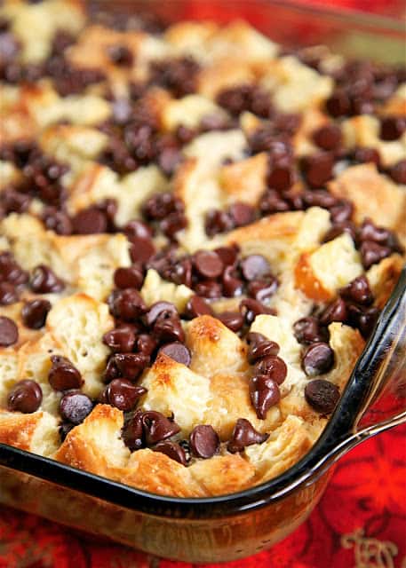 Chocolate Croissant Breakfast Bake - buttery croissants, cream cheese, sugar, eggs, milk and chocolate. Can assemble and refrigerate overnight. This is incredibly delicious! Can eat for breakfast or dessert. Perfect for Christmas morning!!