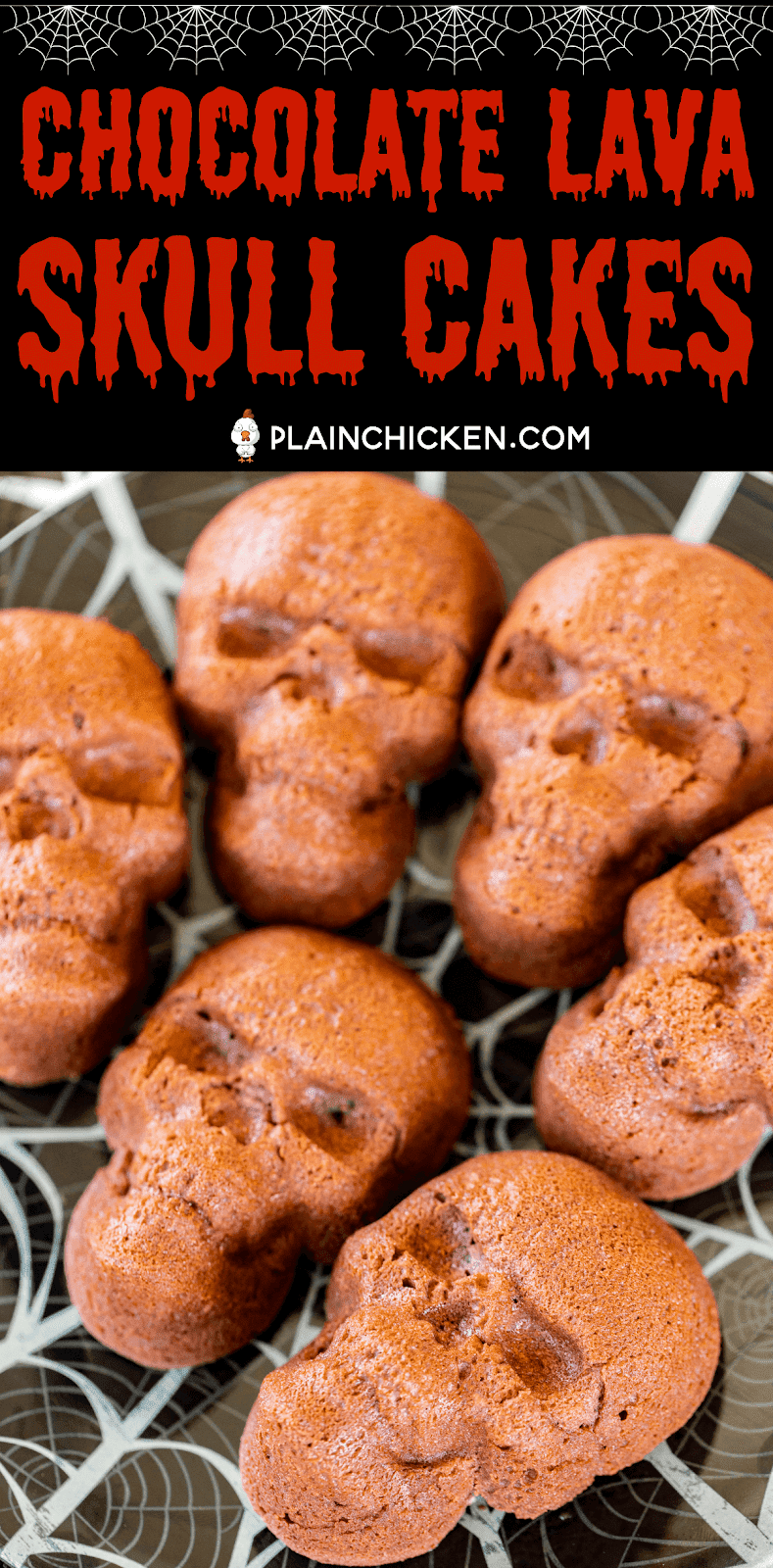 Chocolate Lava Skull Cakes - seriously delicious and PERFECT for your Halloween parties! Only 5 simple ingredients - chocolate chips, butter, eggs, powdered sugar, flour. They only take a minute to whip up and are ready to eat in about 15 minutes. Serve the cakes with some whipped cream and/or vanilla ice cream. Delicious and frightfully festive!! #halloween #chocolate #chocolatelavacake #cake #quickdessert