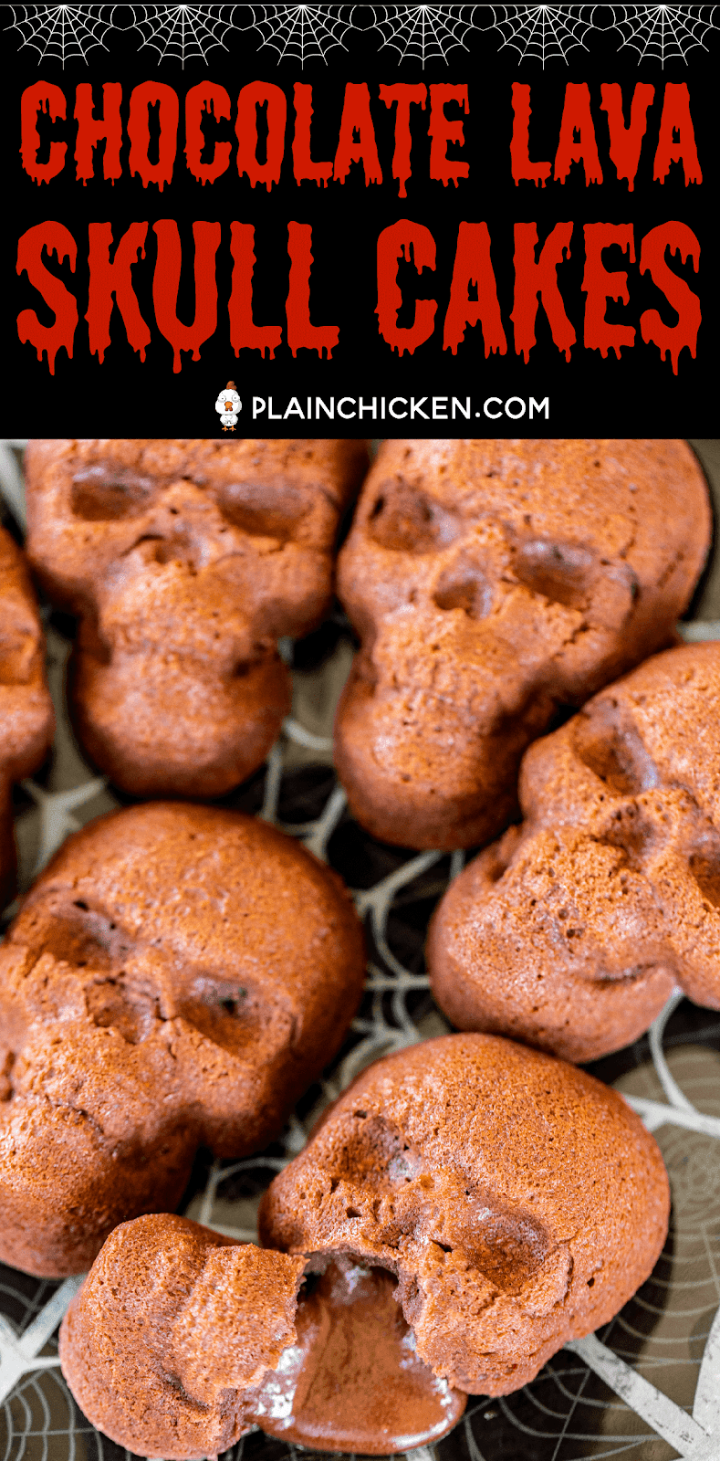 Chocolate Lava Skull Cakes - seriously delicious and PERFECT for your Halloween parties! Only 5 simple ingredients - chocolate chips, butter, eggs, powdered sugar, flour. They only take a minute to whip up and are ready to eat in about 15 minutes. Serve the cakes with some whipped cream and/or vanilla ice cream. Delicious and frightfully festive!! #halloween #chocolate #chocolatelavacake #cake #quickdessert