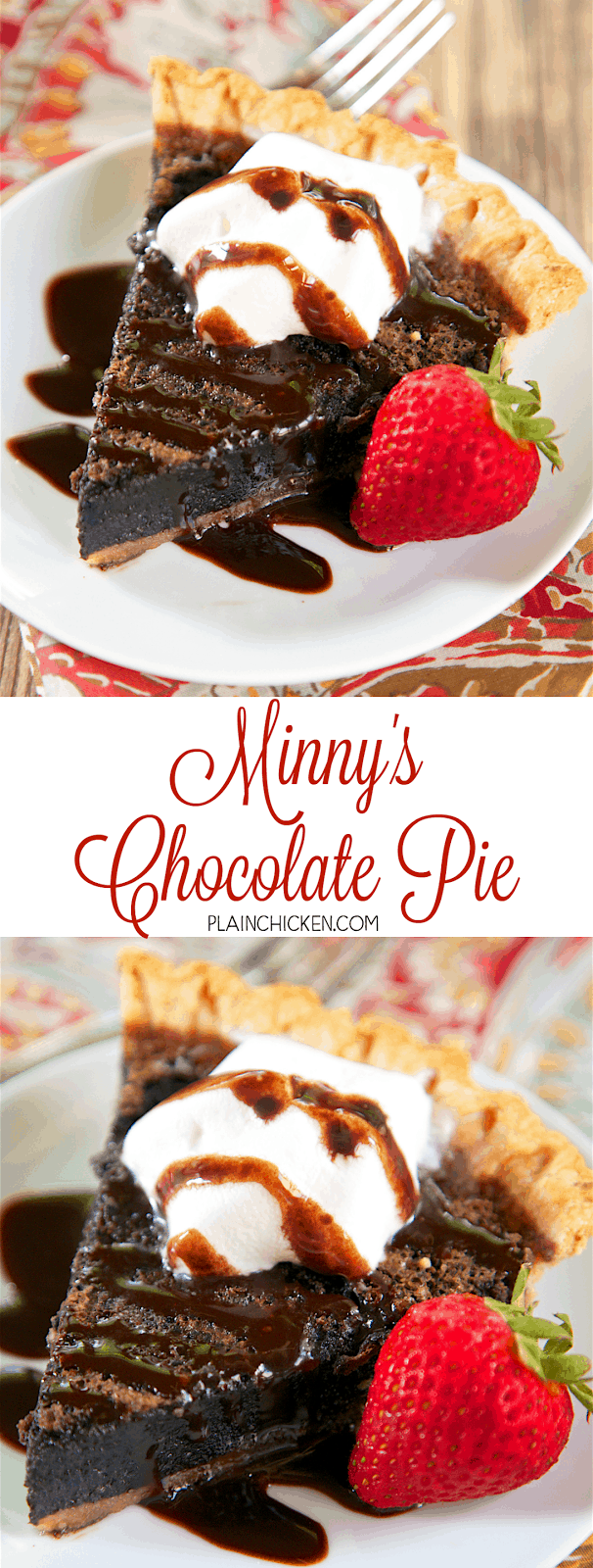 Minny's Chocolate Pie - classic southern chocolate pie. Light and fudgy brownie pie. Only a few simple ingredients - pie crust, sugar, cocoa powder, eggs, vanilla, butter and evaporated milk. Takes a minute to make! The hardest part is waiting on it to cool so you can eat it! Serve with whipped cream or ice cream on top! Great for a potluck!