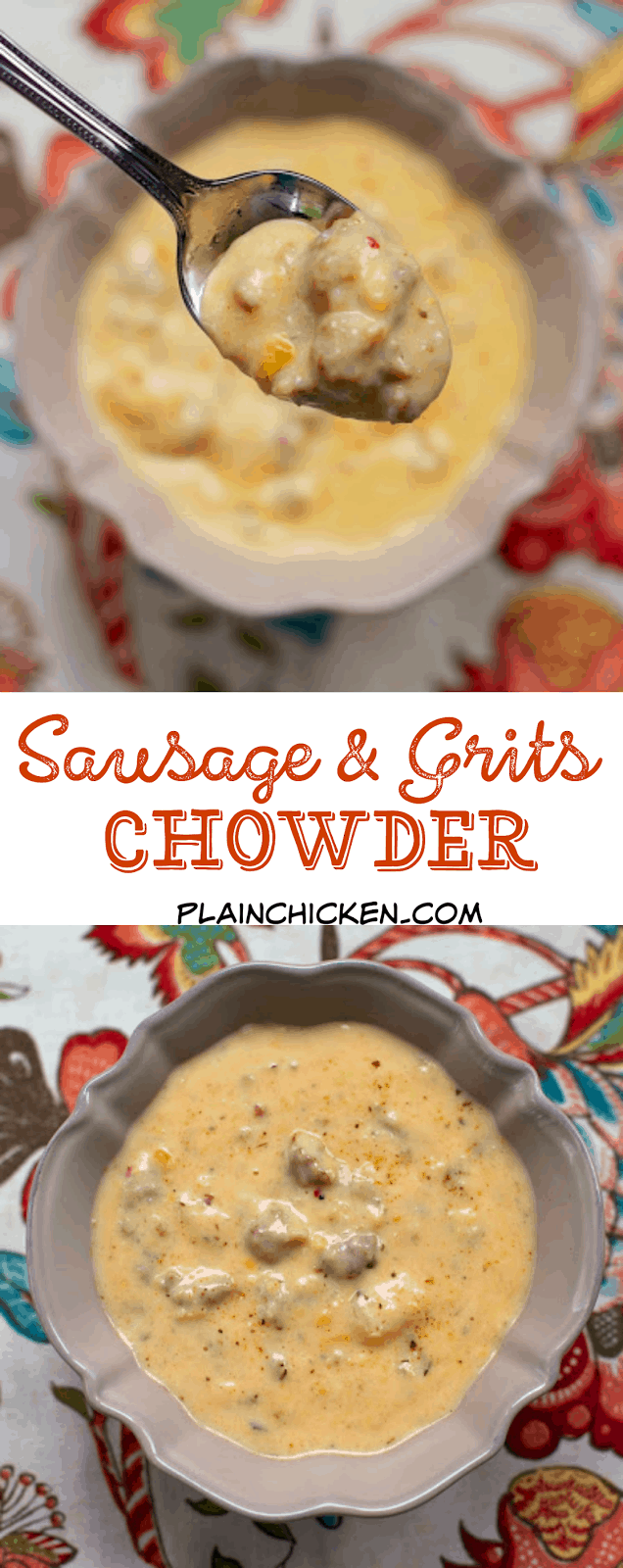 Sausage and Grits Chowder - sausage, potato soup, creamed corn, milk, cajun seasoning, grits and water. Ready in about 15 minutes! SO delicious!