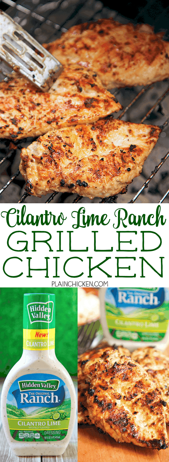 Cilantro Lime Ranch Grilled Chicken - cilantro lime ranch dressing, olive oil, cumin, lime juice, vinegar and worcestershire sauce. Only takes a minute to whisk up the marinade. Let the chicken sit in the marinade all day and grill the chicken for dinner. Crazy good! Would also be great in fajitas!!