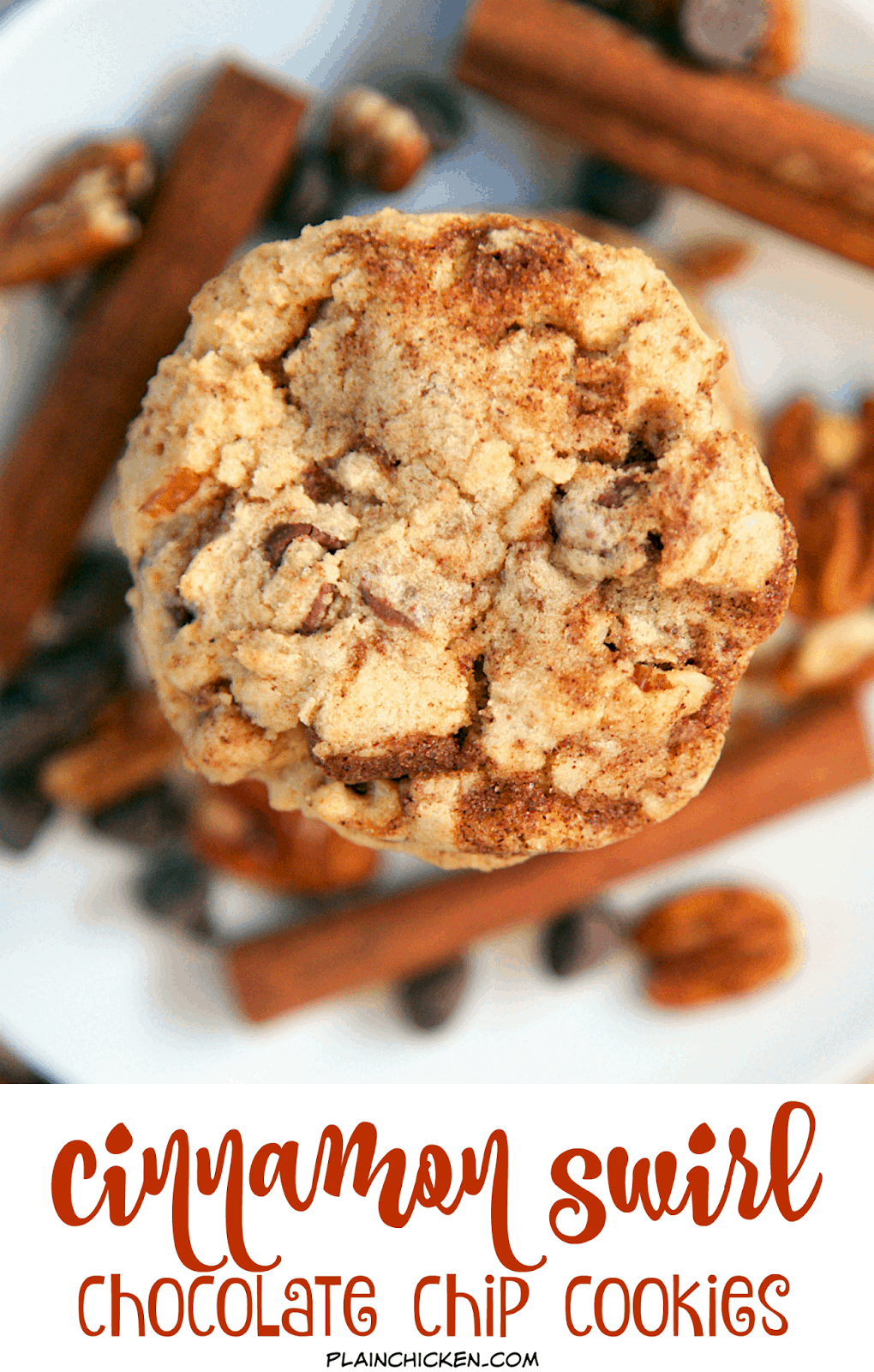 Cinnamon Swirl Chocolate Chip Cookies recipe - homemade chocolate chip cookies with a cinnamon swirl inside! SO delicious! Great for a cookie swap. Can scoop dough and freeze to bake later.