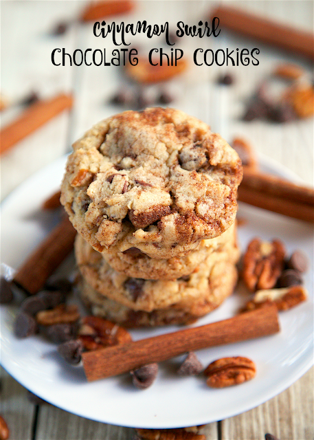 Cinnamon Swirl Chocolate Chip Cookies recipe - homemade chocolate chip cookies with a cinnamon swirl inside! SO delicious! Great for a cookie swap. Can scoop dough and freeze to bake later.