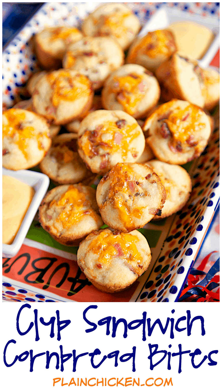 Club Sandwich Cornbread Bites Recipe - Martha White Cornbread mix topped with a ham, turkey, bacon, cheese and honey mustard mixture baked in mini muffin pans. Serve with additional honey mustard. GREAT for tailgating, brunch, baby showers or any other type of party. We've also eaten these for lunch and dinner. Ready in under 15 minutes!