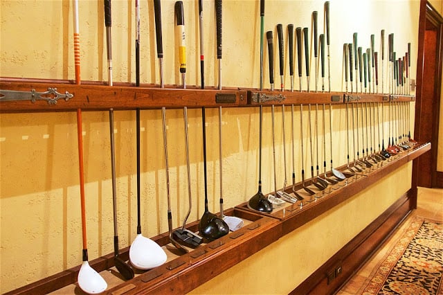 The Players Champions golf clubs - one from each winner in the TPC Sawgrass Clubhouse.