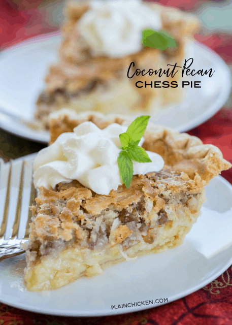 Coconut Pecan Chess Pie recipe -  two favorites in one dessert! Quick and delicious homemade chess pie loaded with coconut and pecans! Pie crust, sugar, eggs, butter, buttermilk, cornmeal, coconut extract, coconut, pecans. Can make ahead of time and refrigerate until ready to serve. Top with fresh homemade whipped cream. SO good! A MUST for your holiday meal!! #pie #dessert #dessertrecipe