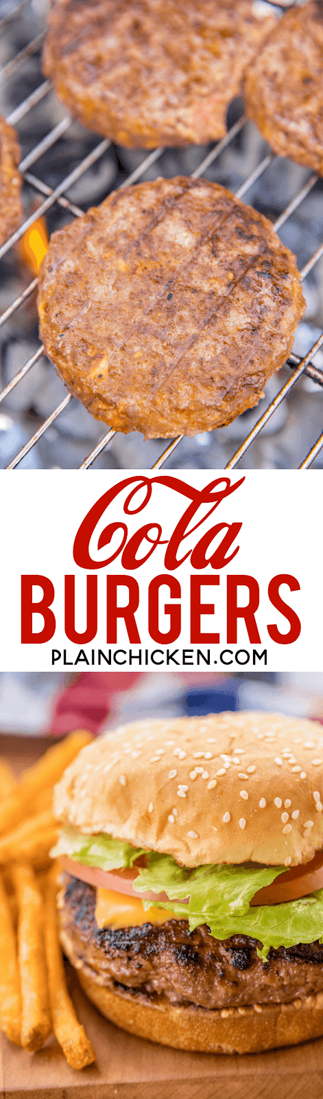Cola Burgers - seriously delicious!! Ground beef, coke, French dressing, saltine crackers, and parmesan cheese. Top with your favorite cheese!! Can make patties ahead of time and freeze for later. Great for all your cookouts and tailgates! YUM! #burgers #grilling #tailgating #cookout