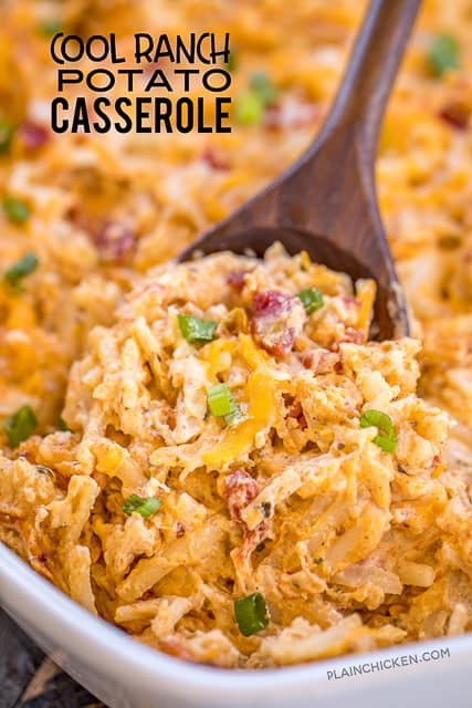 Cool Ranch Potato Casserole - great make ahead and freezer side dish! Potatoes loaded with taco seasoning, ranch and diced tomatoes and green chiles. Great for potlucks! Shredded frozen hash browns, cream of chicken soup, sour cream, diced tomatoes and green chiles, cheddar cheese, taco seasoning and ranch dressing mix. Our whole family went crazy over this easy potato casserole!! Great for taco night! #casserole #potatocasserole #mexicanrecipe #taconight