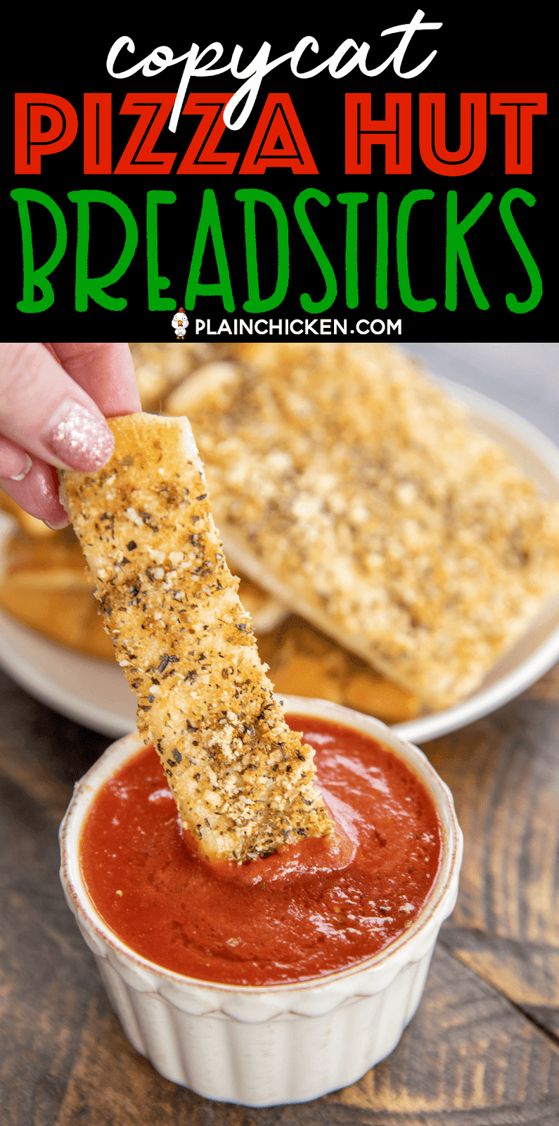 Copycat Pizza Hut Breadsticks - so easy to make and seriously delicious!!! Refrigerated pizza dough topped with parmesan cheese, garlic powder, salt, onion powder, oregano and basil. Dip in warm pizza sauce. Tastes just like the original! Ready to eat in under 20 minutes! #breadsticks #pizzahut #copycat