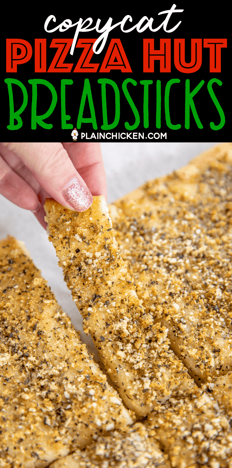 Copycat Pizza Hut Breadsticks - so easy to make and seriously delicious!!! Refrigerated pizza dough topped with parmesan cheese, garlic powder, salt, onion powder, oregano and basil. Dip in warm pizza sauce. Tastes just like the original! Ready to eat in under 20 minutes! #breadsticks #pizzahut #copycat