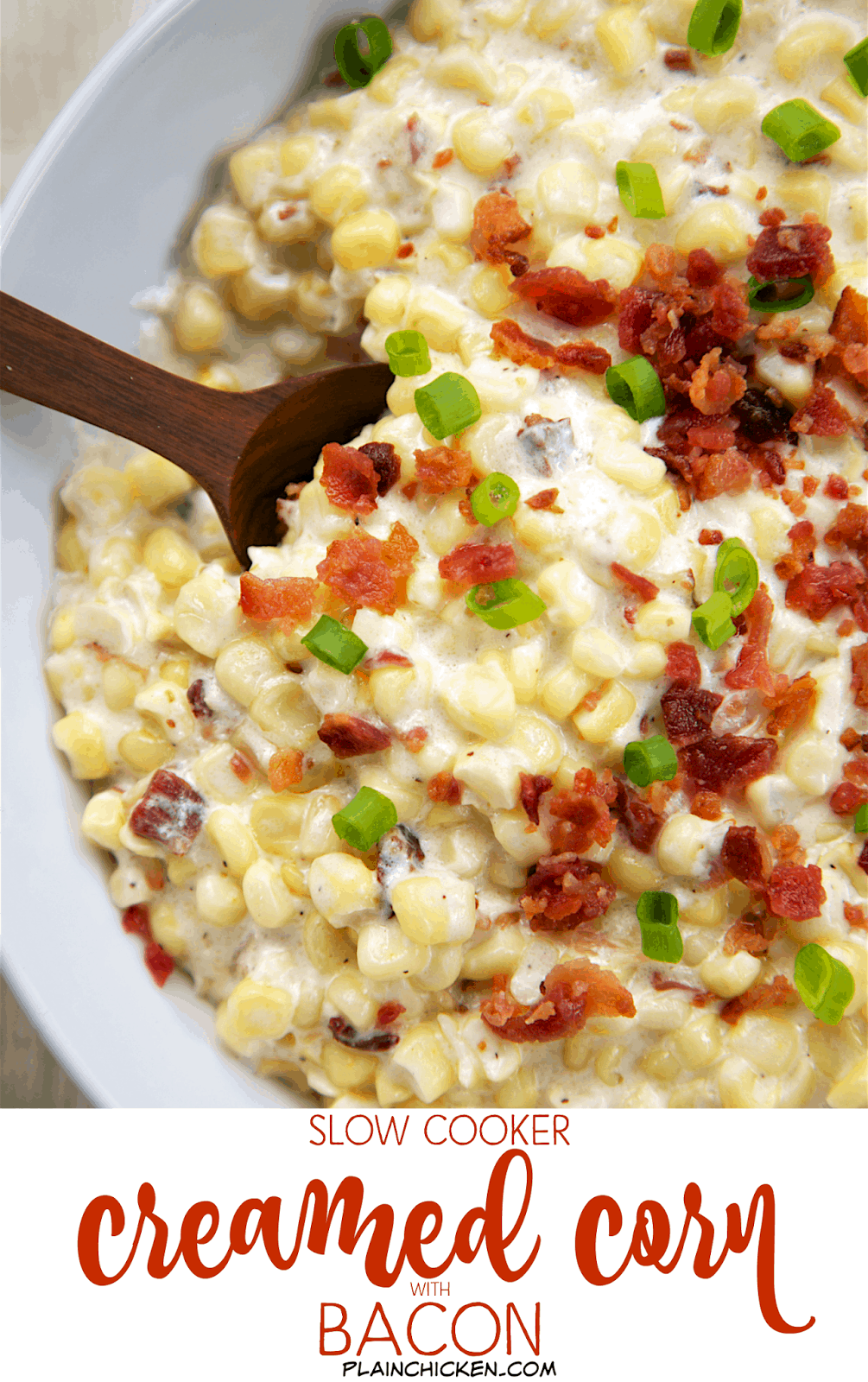 Slow Cooker Creamed Corn with Bacon - Corn, cream cheese, heavy cream, milk, bacon and green onions. YUM! It is super creamy with a hint of smokiness from the bacon. This recipe makes a lot and would be great for a potluck. This is seriously THE BEST corn recipe! I could have made a meal out of this! SO good!