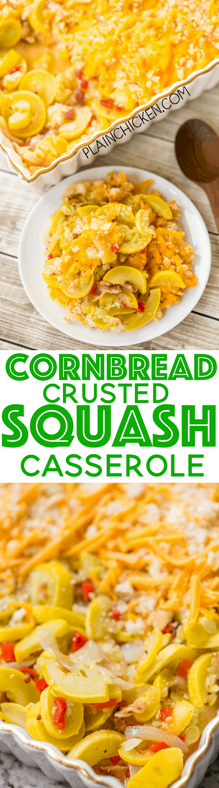 Cornbread Crusted Squash Casserole - so delicious!!! Easy homemade squash casserole topped with a cheddar and cornbread crust. Everyone went back for seconds. Onion, Squash, pimentos, bacon, cornbread and cheddar cheese. Can make ahead of time and refrigerate until ready to bake. Great side dish recipe for potlucks and cookouts. 