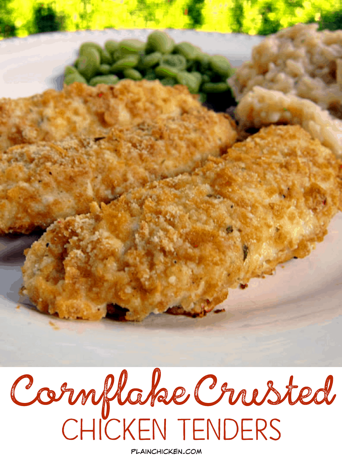 Cornflake Chicken Fingers - chicken tenders coated in crushed cornflakes, parmesan cheese and Ranch dressing mix - SO easy and SOOO good! Kids gobble these up! Ready in 15 minutes!! You can make these ahead of time and freeze them for a quick meal later.
