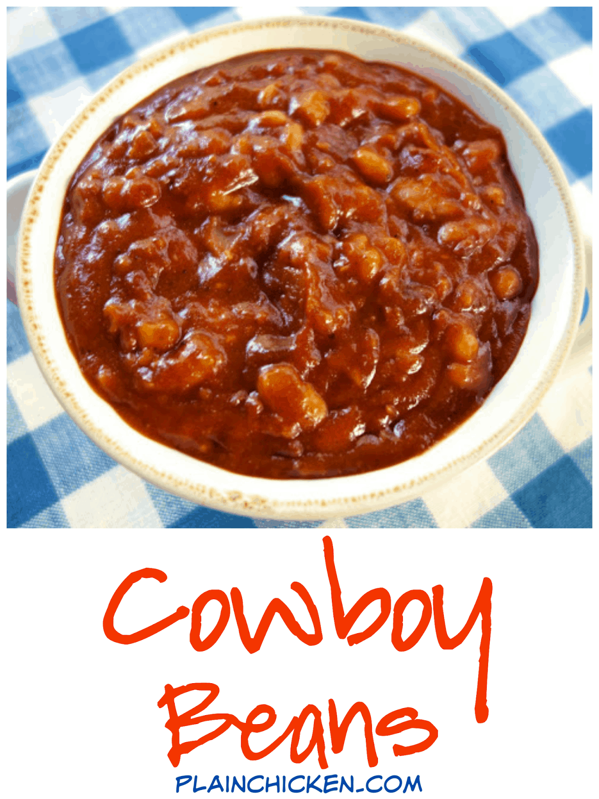 Cowboy Beans Recipe - white beans, bacon, onion, BBQ sauce, ketchup, honey, brown sugar, garlic, mustard, chili powder and vinegar - Bring to a boil and cook for 15 to 20 minutes! Quick homemade baked bean recipe. Great for a potluck!