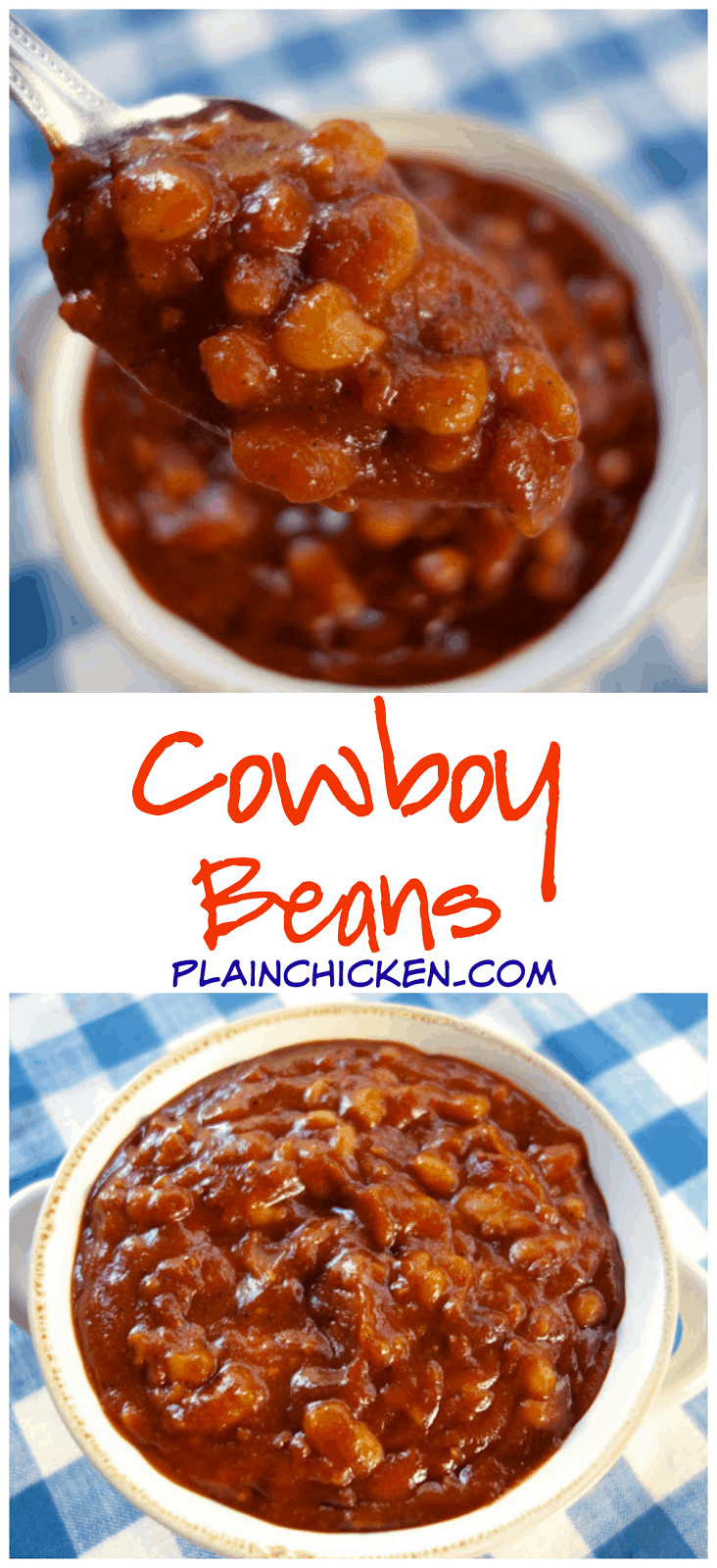 Cowboy Beans Recipe - white beans, bacon, onion, BBQ sauce, ketchup, honey, brown sugar, garlic, mustard, chili powder and vinegar - Bring to a boil and cook for 15 to 20 minutes! Quick homemade baked bean recipe. Great for a potluck!